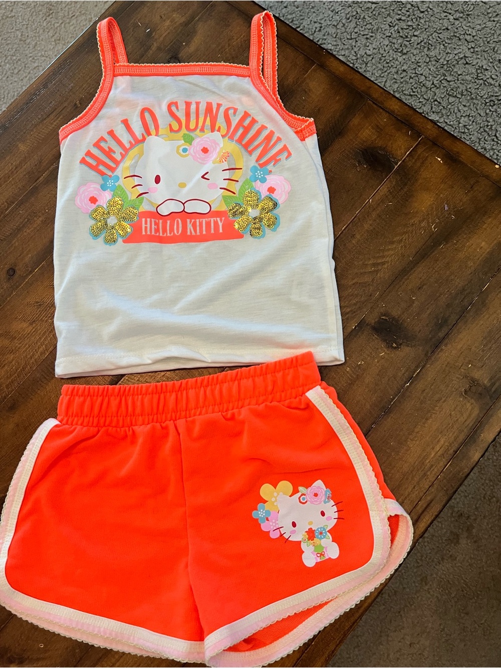 Hello Kitty Neon Coral and White Girls Matching Tank & Shorts Set
